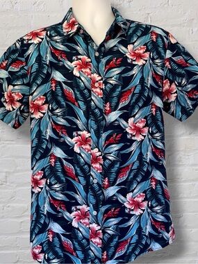 Julian & Mark Hawaiian Shirt Mens M Tropical Floral Navy Resort Aloha